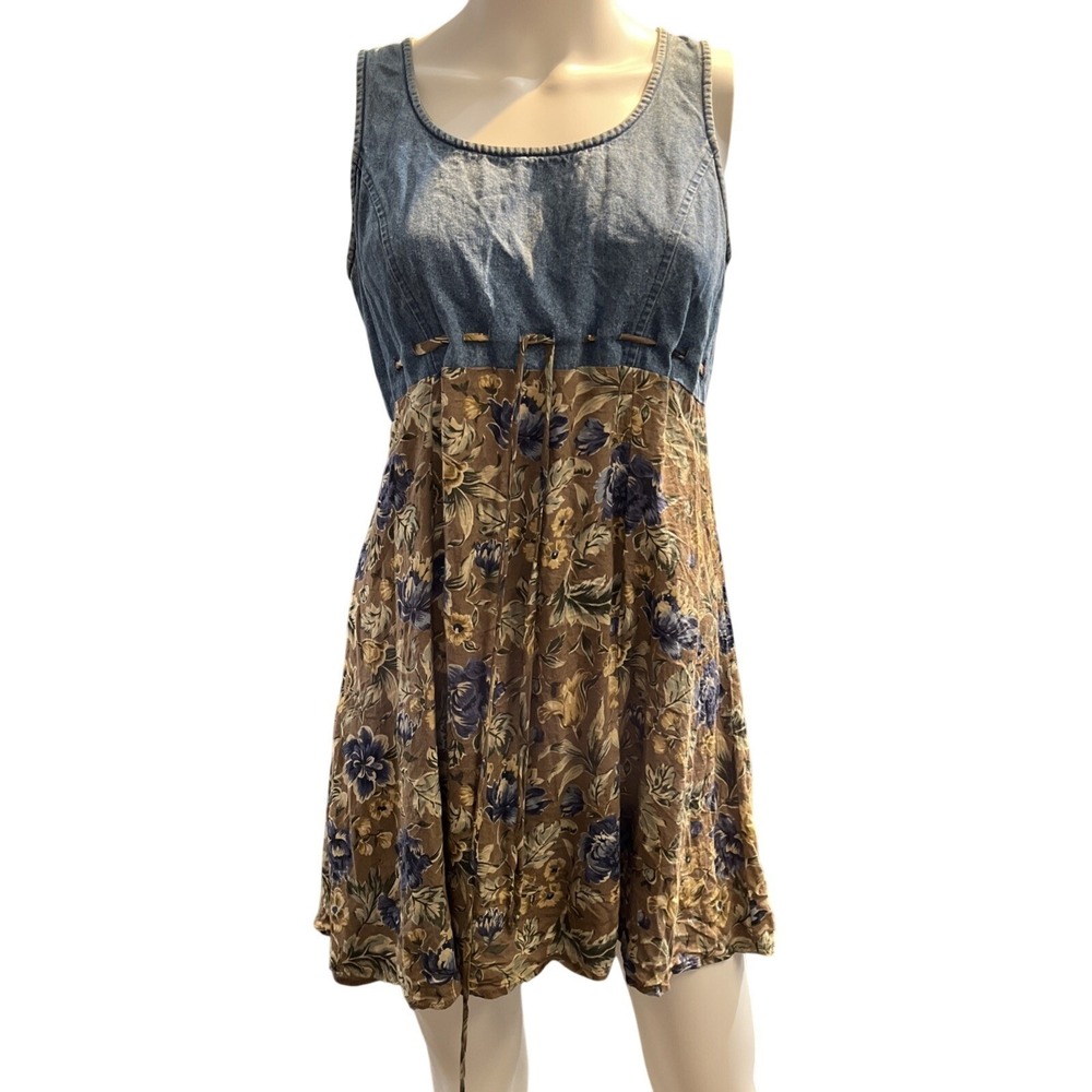 Vintage All That Jazz Mini Dress Denim Bodice Brown Floral Boho Westhern Cowgirl